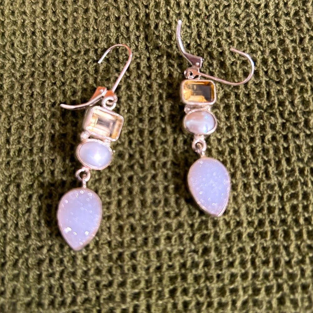 Druzy freshwater pearl and citrine sterling silver earrings